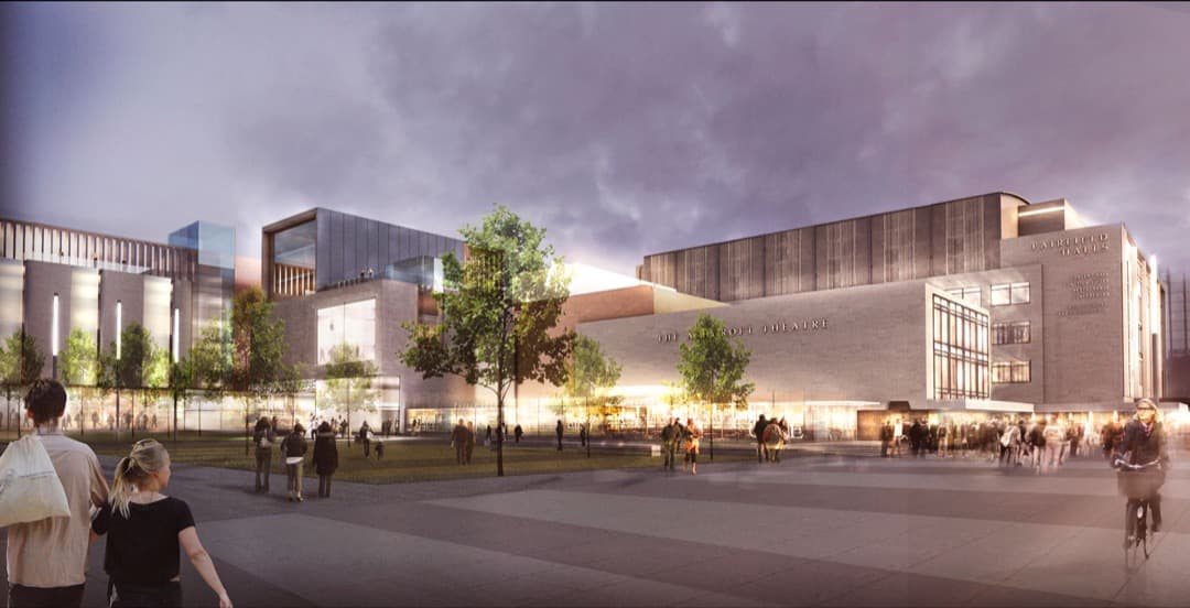 Artistic impression of a building with people walking in a square outside